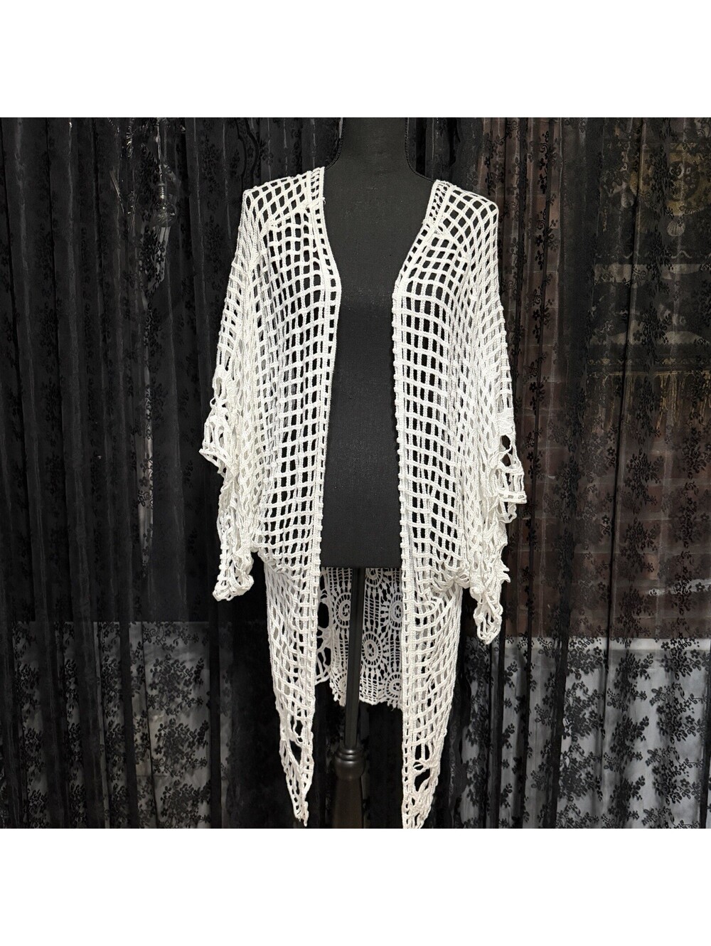 Woven Heart White Crochet Duster Cardigan One Size Boho Festival